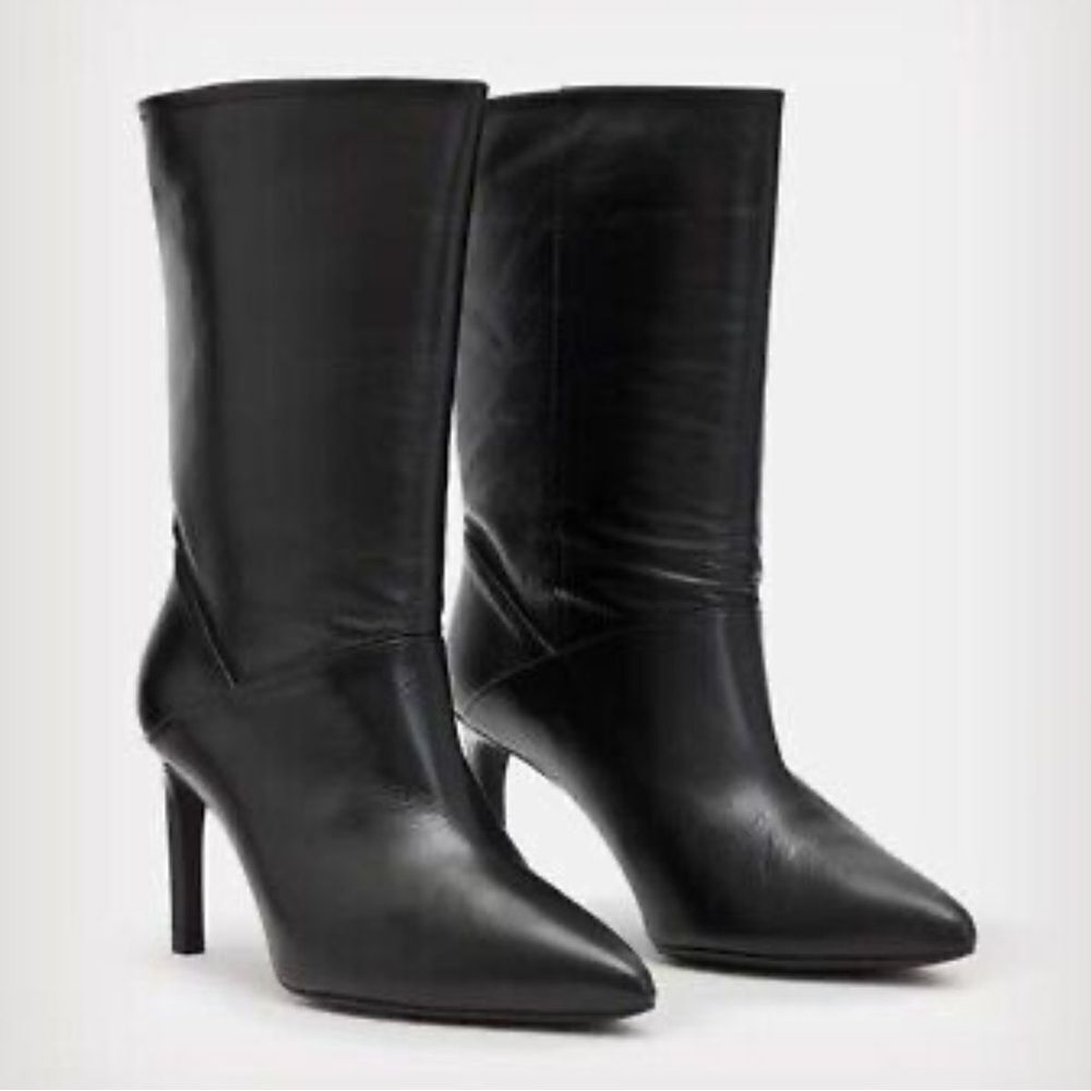 All saints Orlana Black Leather Pointed Toe Heeled Boot
